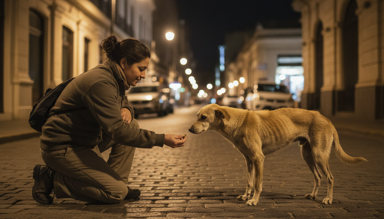 Ativista oferece comida para cadela magra e abandonada na rua.