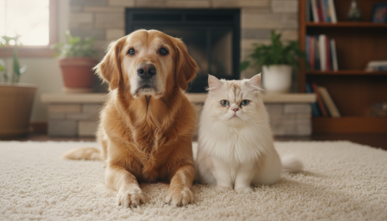 Cão idoso e gato idoso juntos, representando a terceira idade em animais de estimação.