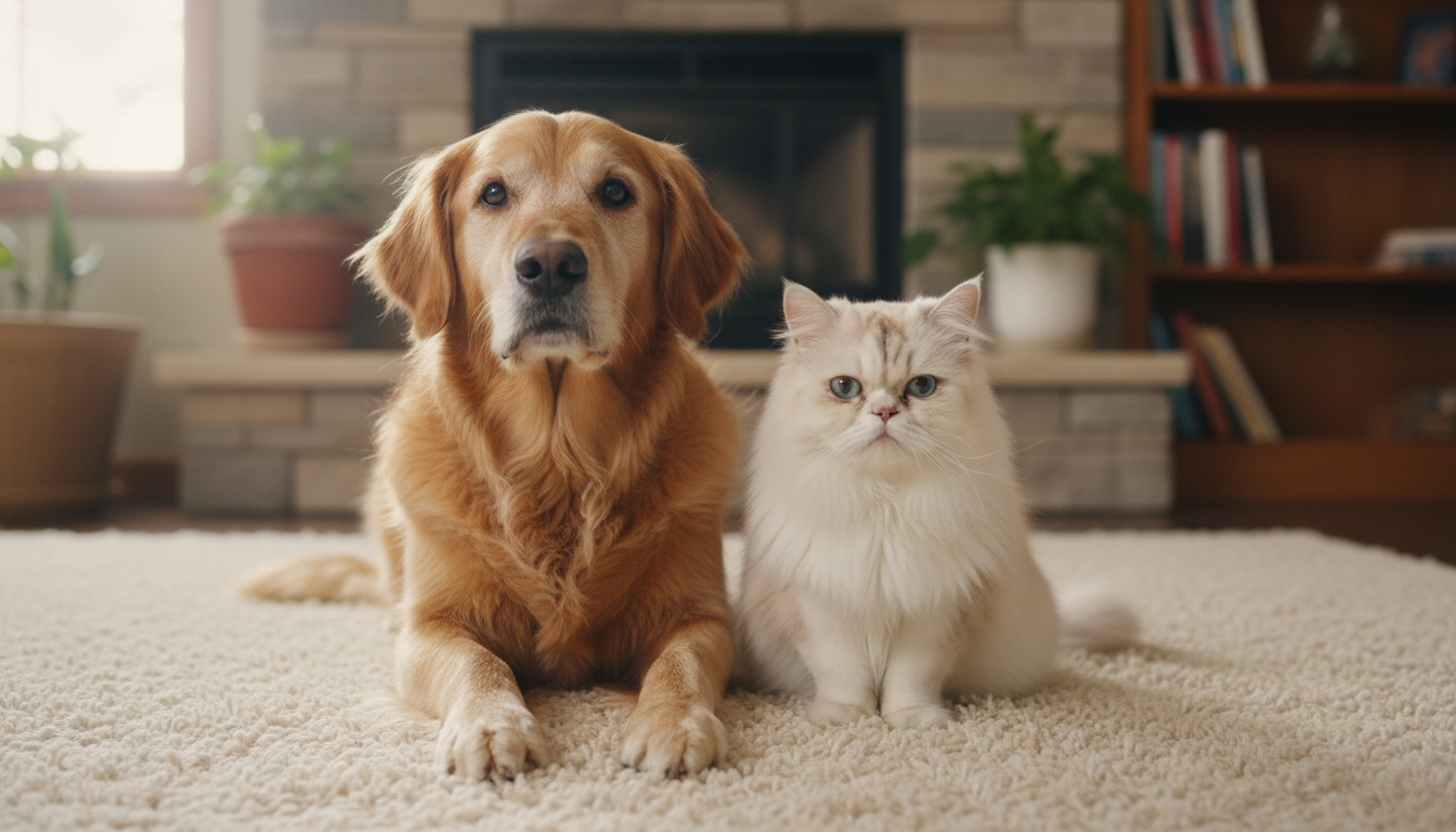 Cão idoso e gato idoso juntos, representando a terceira idade em animais de estimação.