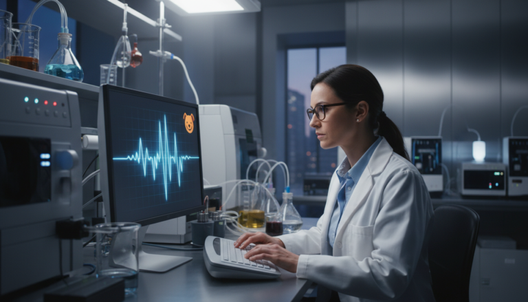 Cientista analisando latidos de cachorro com inteligência artificial