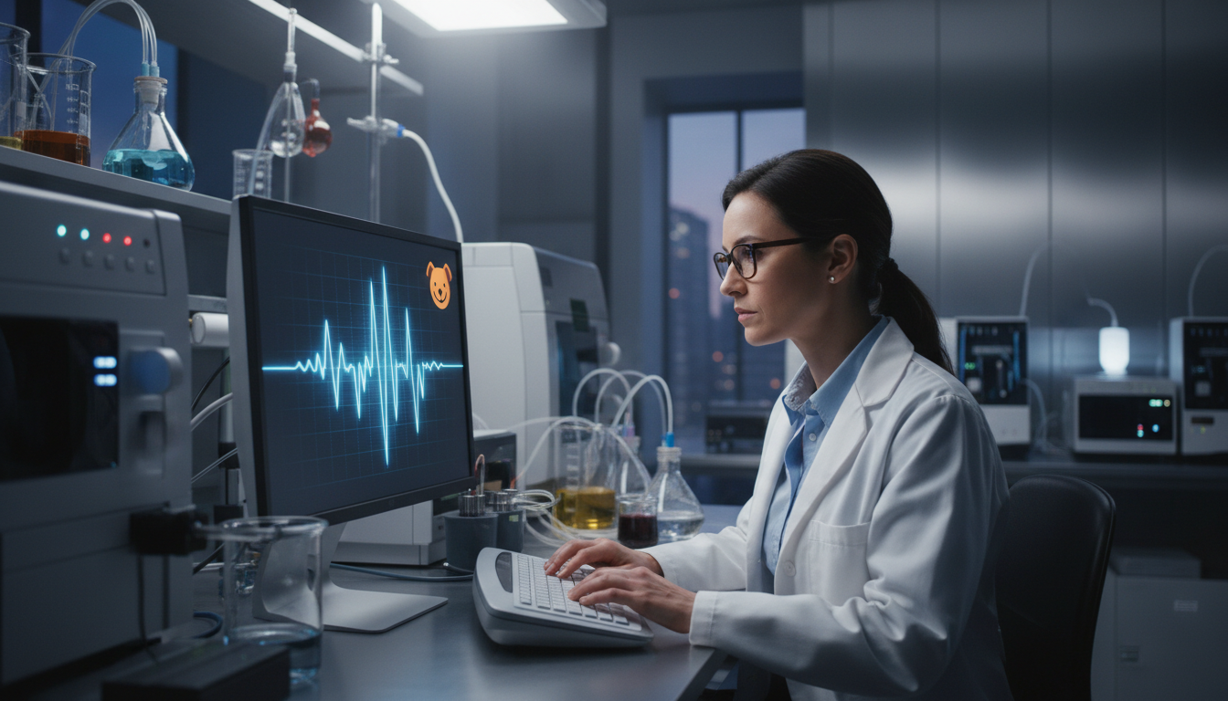 Cientista analisando latidos de cachorro com inteligência artificial