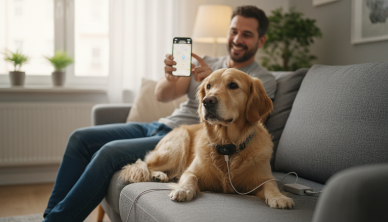 Tutor sorrindo usa smartphone para monitorar pet com dispositivo GPS