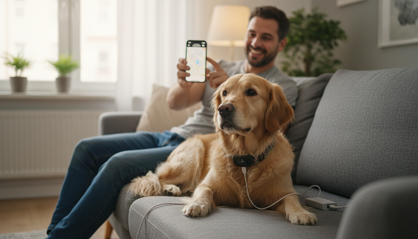 Tutor sorrindo usa smartphone para monitorar pet com dispositivo GPS