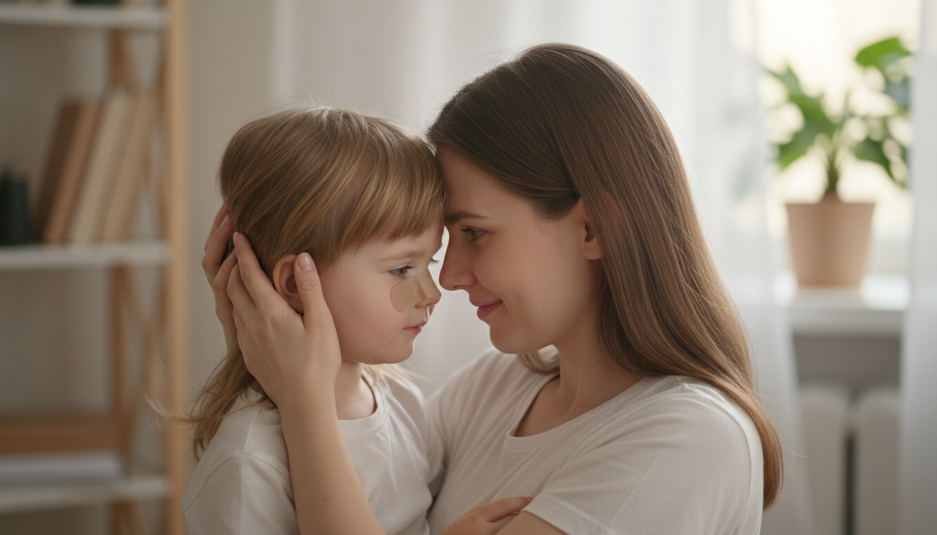 Mãe abraça filho após incidente com cachorro, demonstrando cuidado e apoio.
