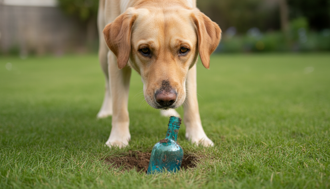 Labrador dourado desenterrando uma garrafa azul antiga em um jardim.