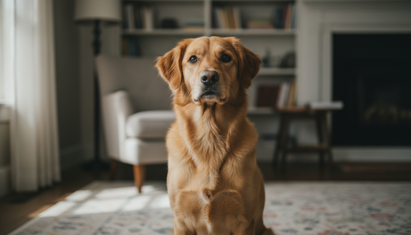 Cão com olhar atento, sentado em um ambiente doméstico