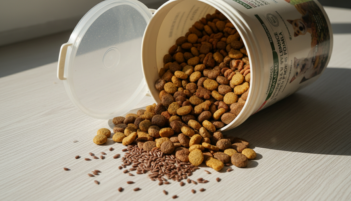 Sementes de linhaça ao redor de um recipiente de ração para cães e gatos