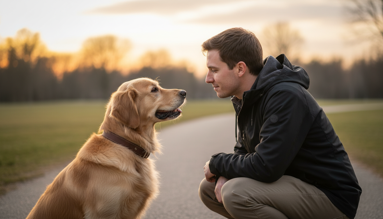 Tutor e cachorro se comunicando em um parque