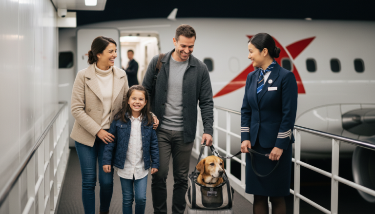 Família feliz embarcando em avião com seu cachorro em viagem pet friendly
