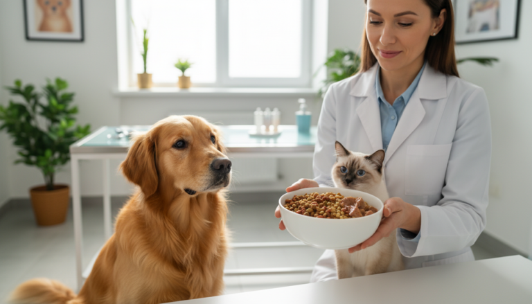 Veterinário mostrando mix feeding para cão e gato