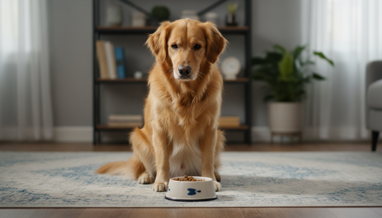 Cão observando atentamente um prato com nova ração, indicando mudança alimentar.