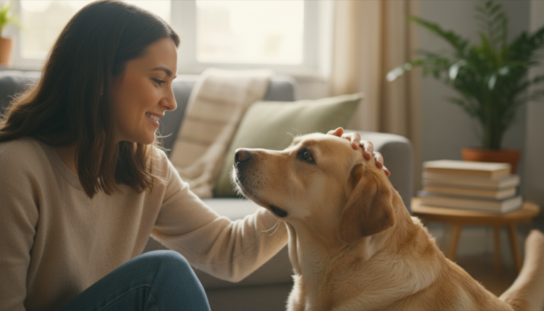 Mulher acariciando seu cachorro labrador