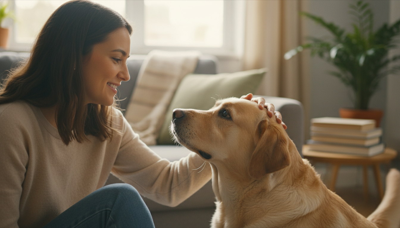 Mulher acariciando seu cachorro labrador