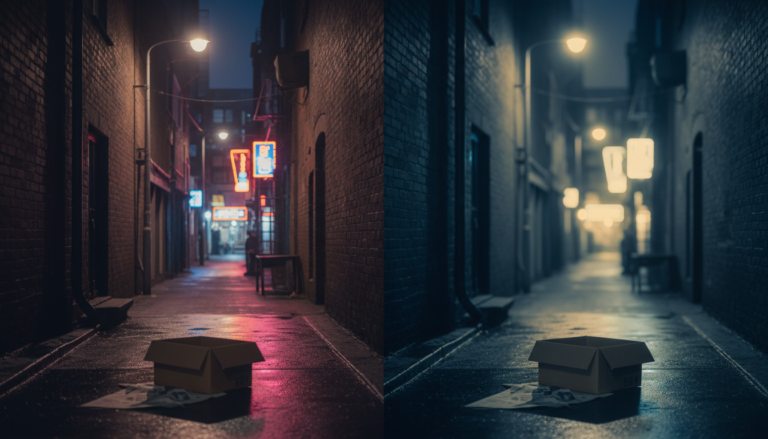 Comparativo da visão de um gato e um humano em um ambiente noturno urbano