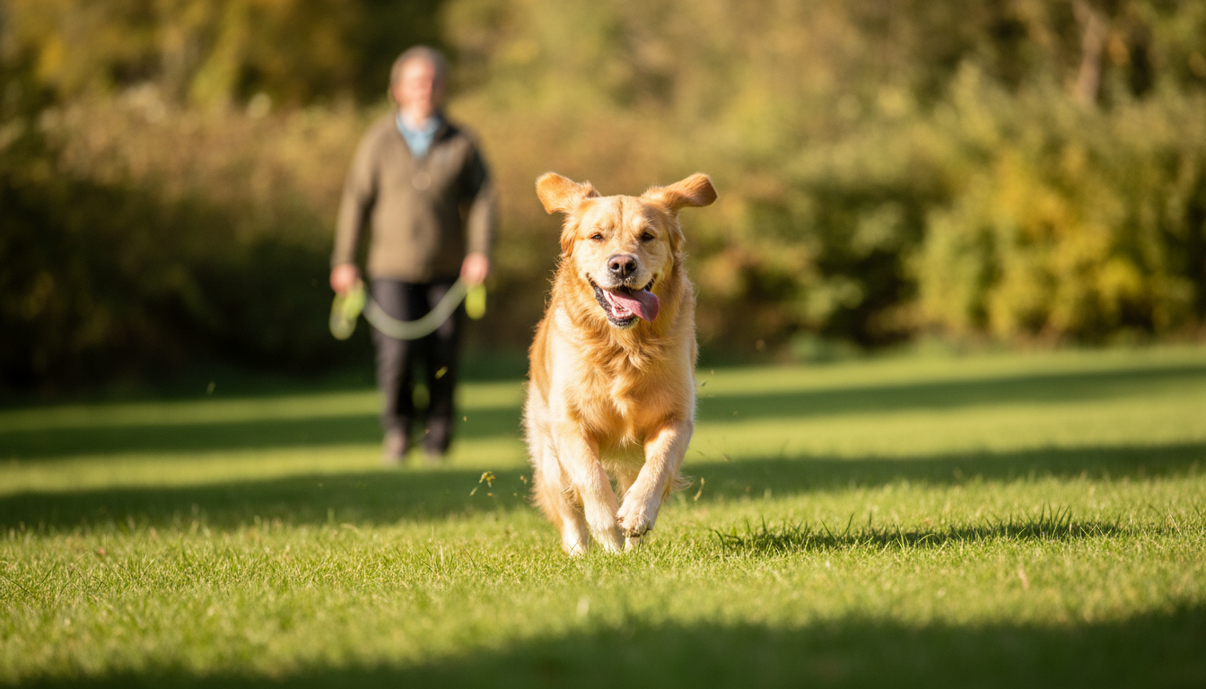 Cachorro correndo feliz em um parque durante um passeio diário
