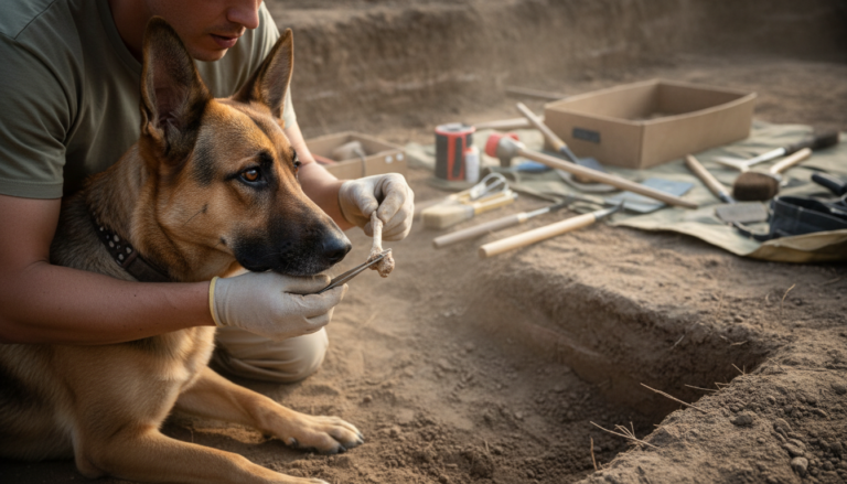 Arqueólogo examinando fóssil canino antigo com cão observando atentamente