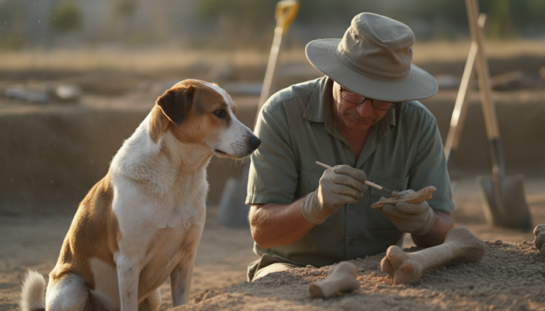 Arqueólogo examinando um fragmento ósseo com um cão ao lado em um sítio de escavação.