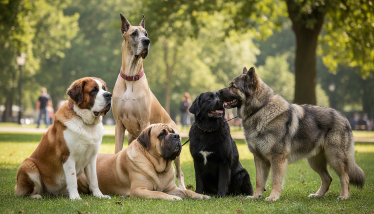 Grupo de cachorros gigantes das raças Dogue Alemão, São Bernardo, Mastim Inglês, Terra Nova e Pastor-do-Cáucaso em um parque.