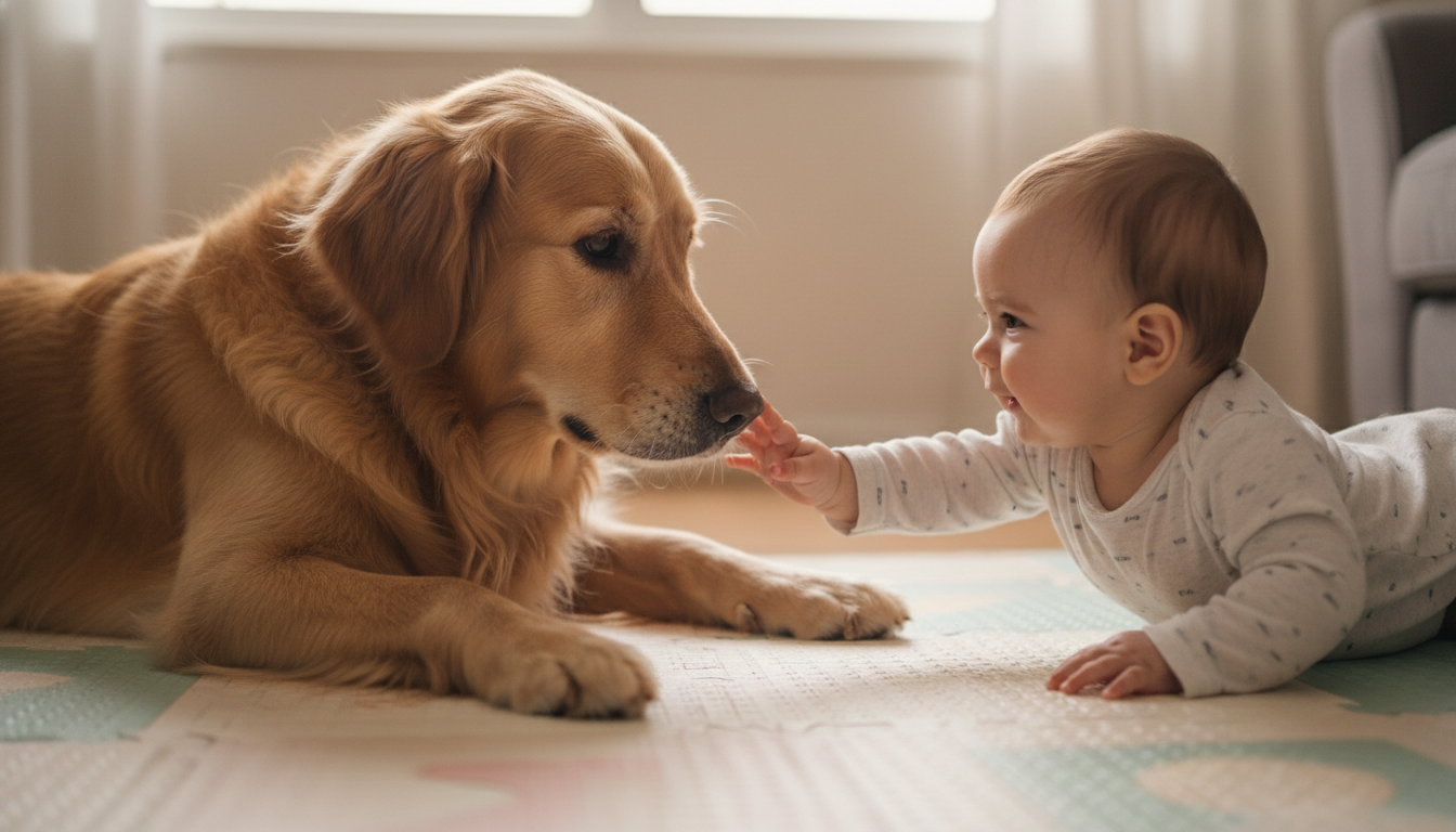 Golden retriever atento observa bebê de cinco meses enquanto permanece deitado ao seu lado em um tapete.