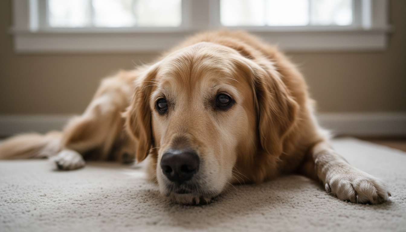 Cão idoso deitado confortavelmente em casa, transmitindo serenidade.