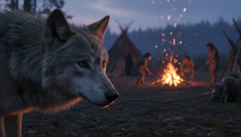 Lobo ancestral observando um acampamento humano primitivo, simbolizando o início da domesticação