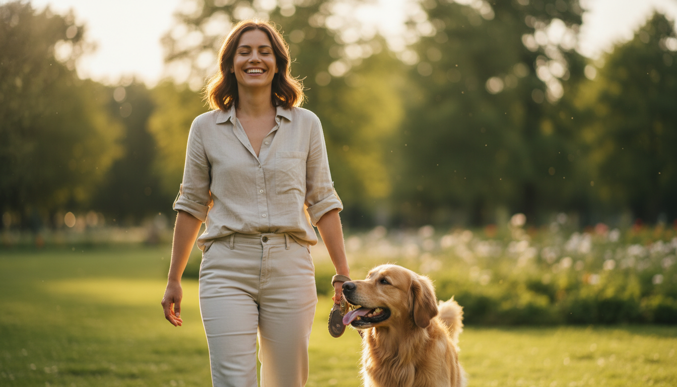 Pessoa passeando com cachorro em parque