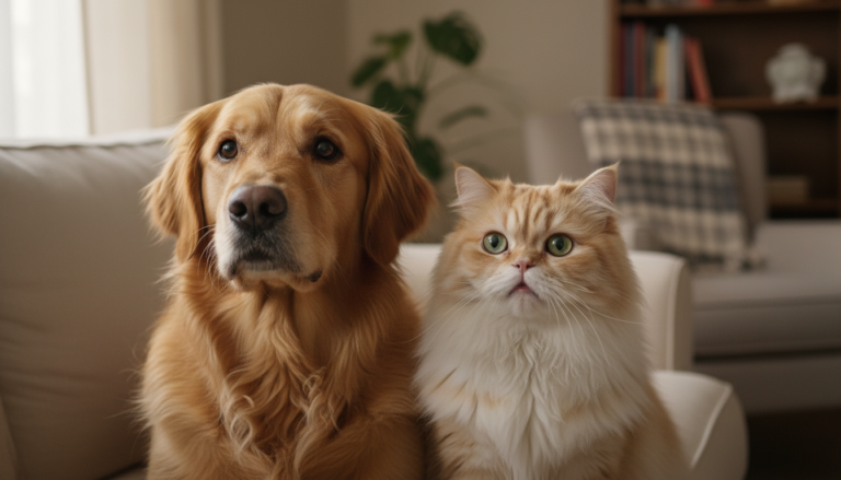 Cão e gato exibindo sinais sutis de ansiedade.