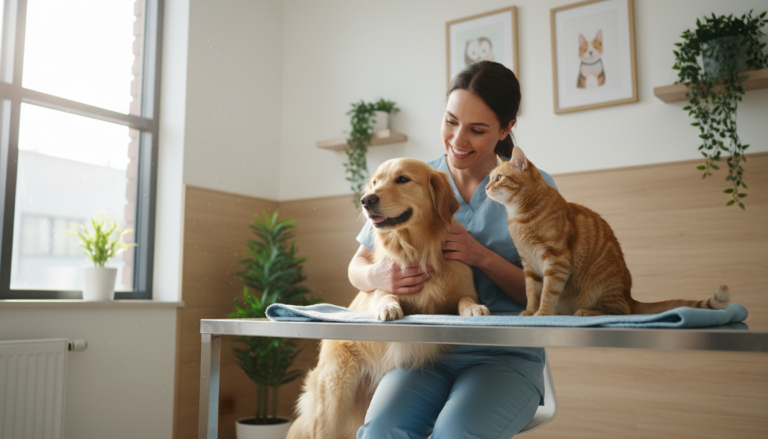 Veterinário cuidando de um cão e um gato em um consultório, demonstrando atenção à saúde e bem-estar animal.