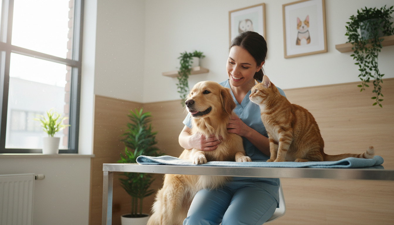 Veterinário cuidando de um cão e um gato em um consultório, demonstrando atenção à saúde e bem-estar animal.