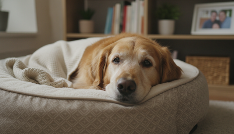 Cão idoso descansando em sua cama com expressão serena