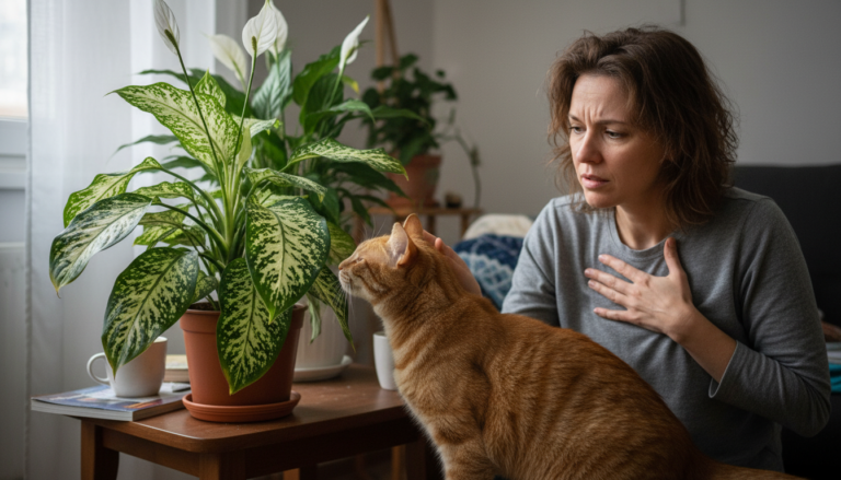 Cão ou gato próximo a planta potencialmente tóxica, com dono preocupado ao fundo