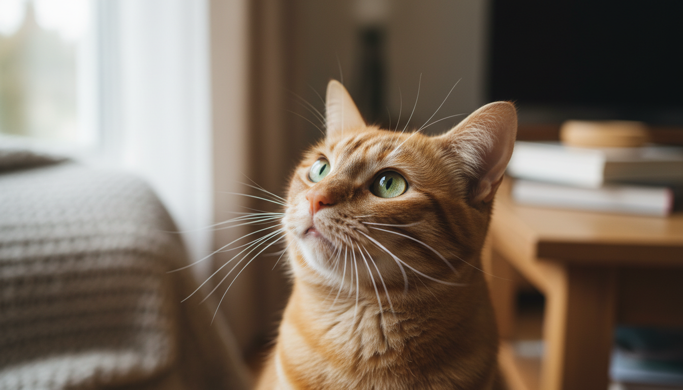 Gato doméstico miando para seu tutor, simbolizando a comunicação adaptada dos felinos
