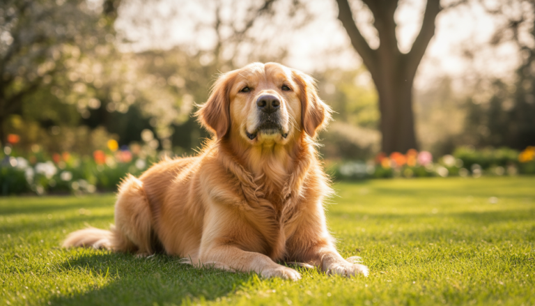 Cão deitado confortavelmente em um gramado sob a luz do sol