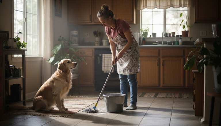 Dona de casa limpando o chão enquanto seu cachorro observa.