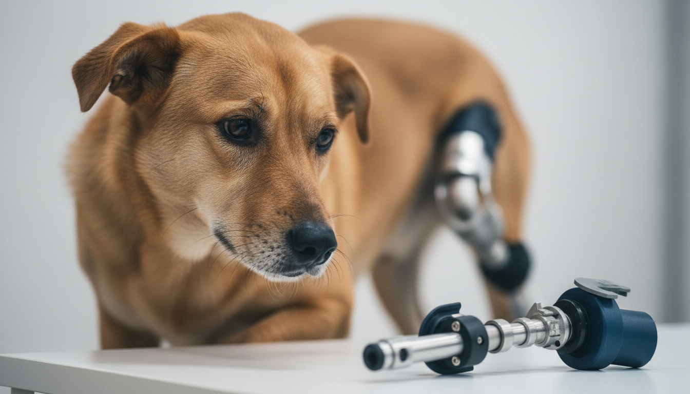 Cachorro Lindolfo aguardando a adaptação de sua nova prótese