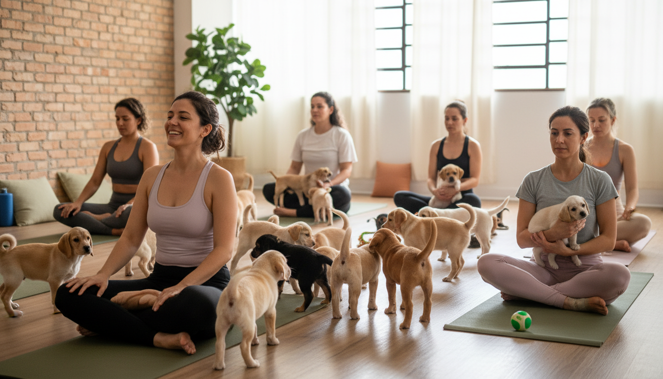Pessoas praticando yoga com filhotes de cachorro em um estúdio em São Paulo