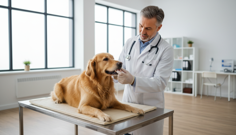 Veterinário examinando um cão Golden Retriever saudável, destacando a importância da nutrição animal.