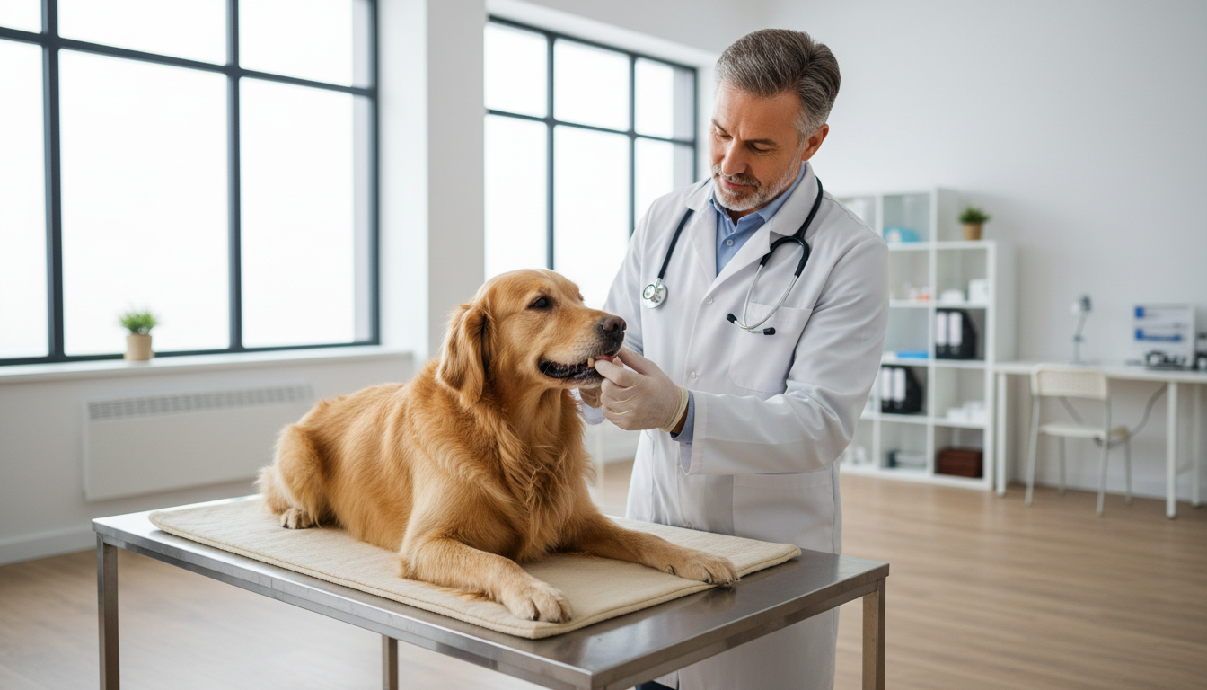 Veterinário examinando um cão Golden Retriever saudável, destacando a importância da nutrição animal.