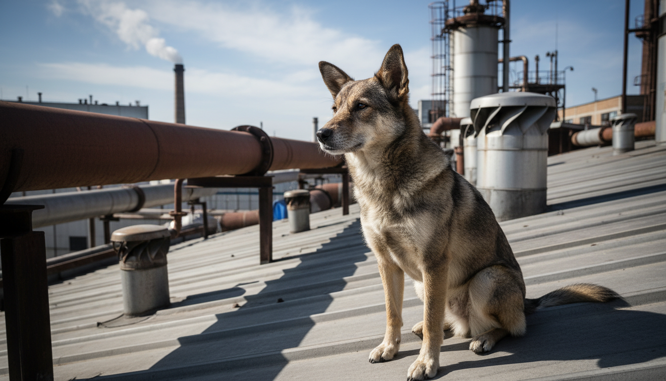 Cachorro sentado tranquilamente no telhado de uma destilaria