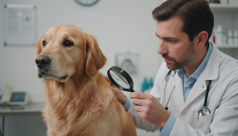 Veterinário examinando a pele e pelagem de um cão com falhas