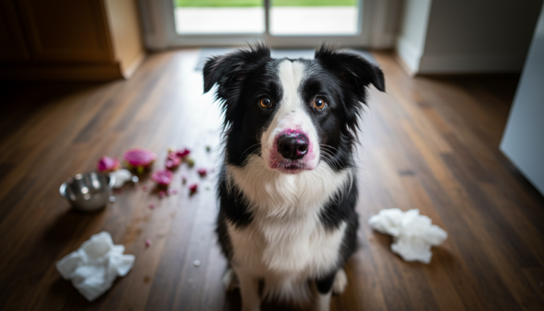 Border Collie com focinho cor-de-rosa após comer pitaya