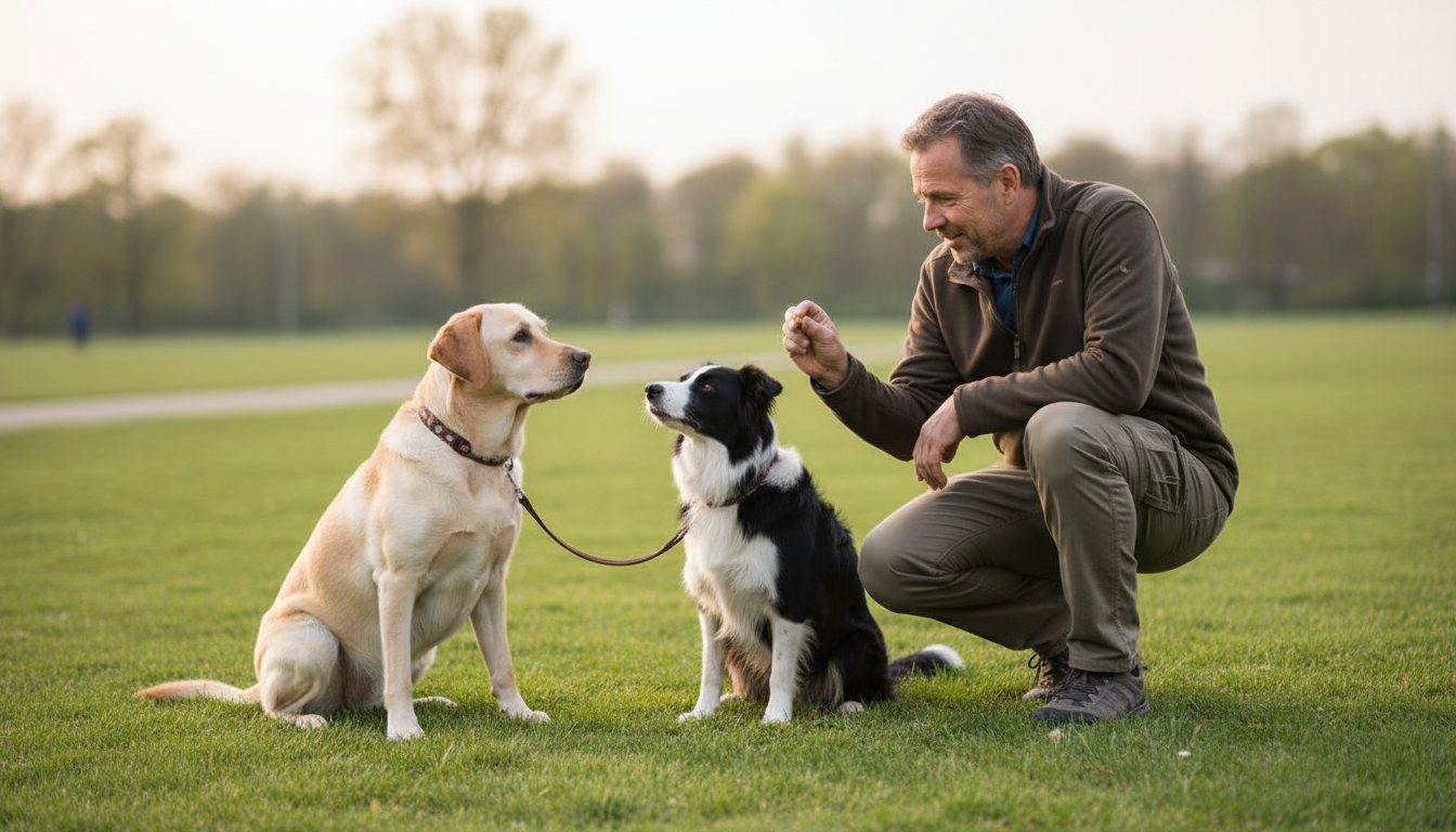 Treinador de cães ensinando obediência a um border collie e um labrador em um parque.