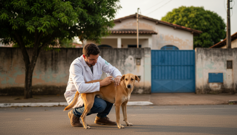 Agente de saúde vacina cão em Timóteo após identificação de morcego com raiva.