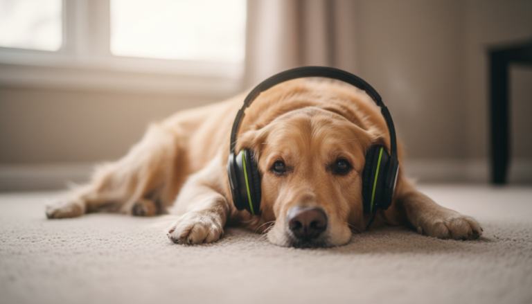 Cachorro Golden Retriever relaxado ouvindo música com fones de ouvido
