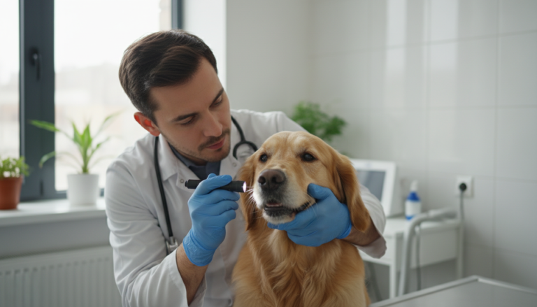 Médico-veterinário examina a saúde bucal de um cão golden retriever em um consultório.