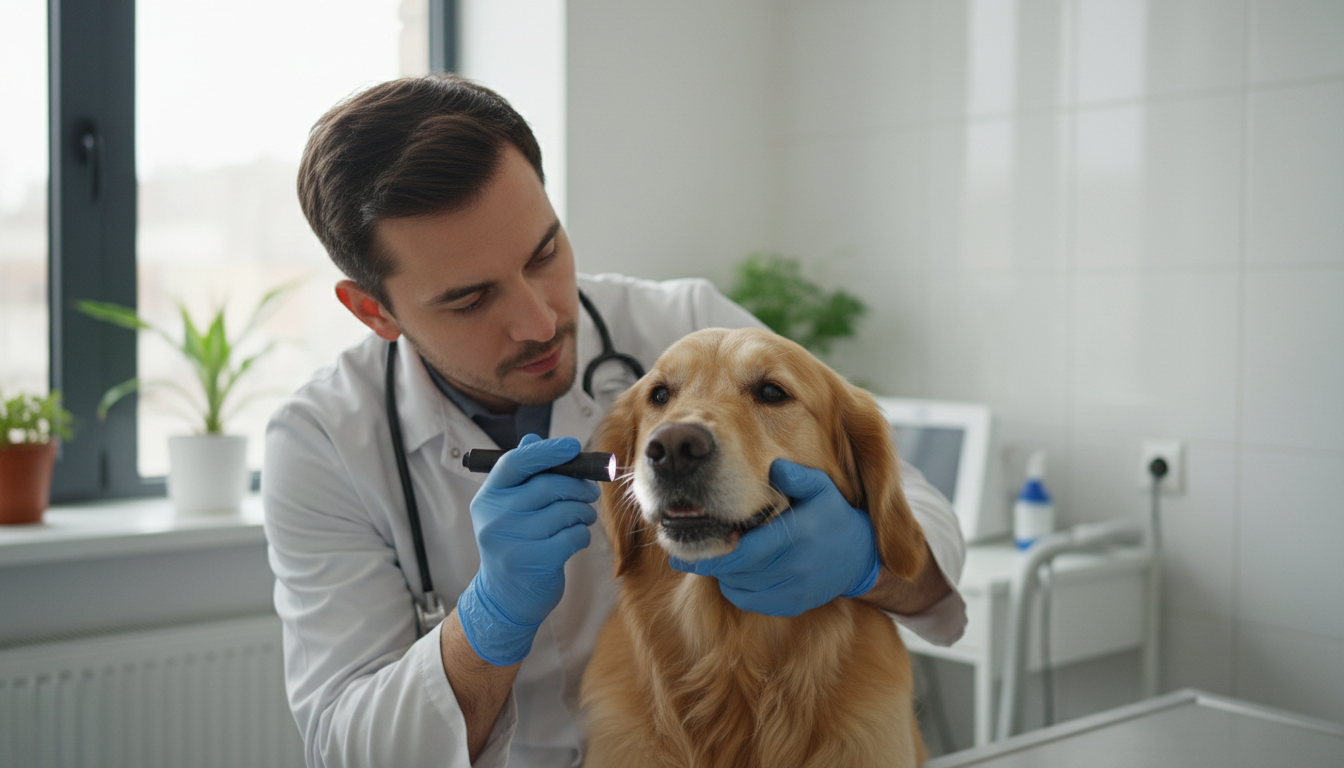 Médico-veterinário examina a saúde bucal de um cão golden retriever em um consultório.