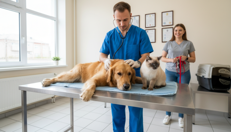 Veterinário examinando um cão e um gato durante mutirão de castração gratuita.