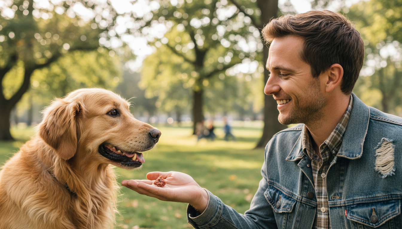 Tutor oferecendo petisco para seu cachorro em parque.
