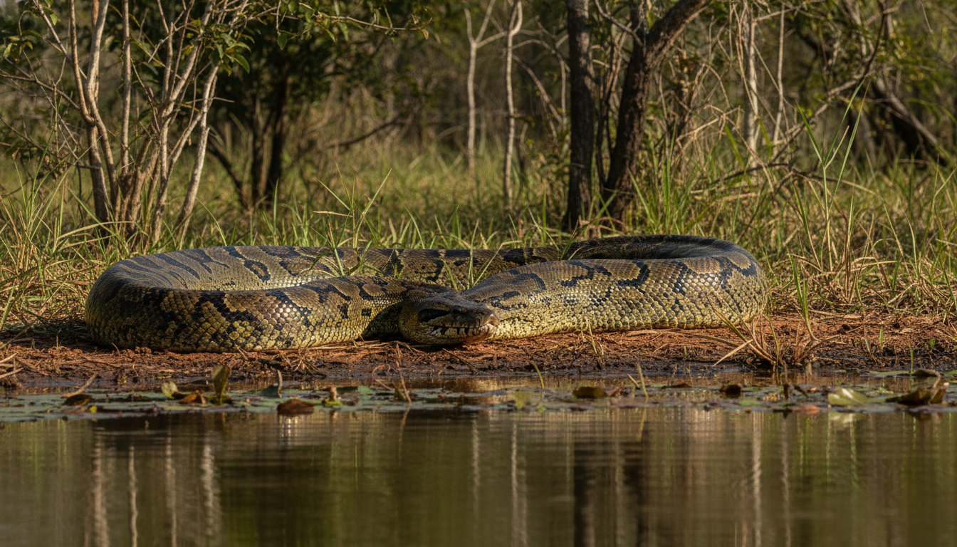 Sucuri em lagoa de fazenda em Mato Grosso do Sul, relembrando caso de ataque a cachorro