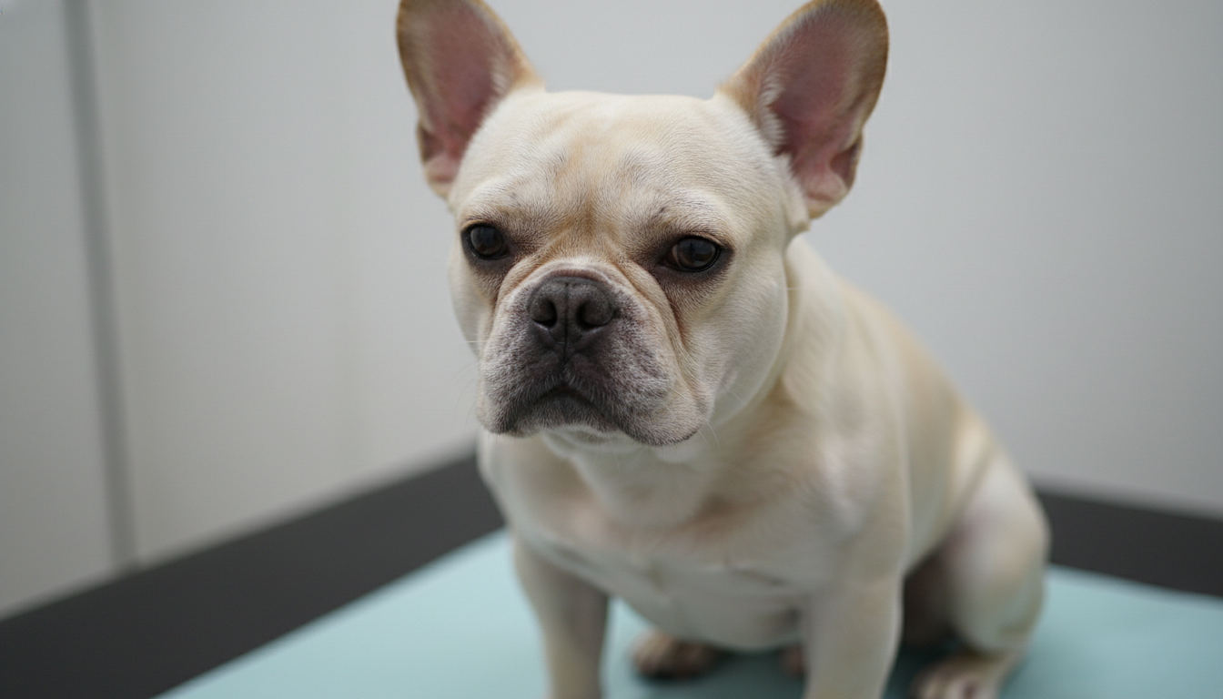 Bulldog Francês com sinais de sarna canina sendo examinado